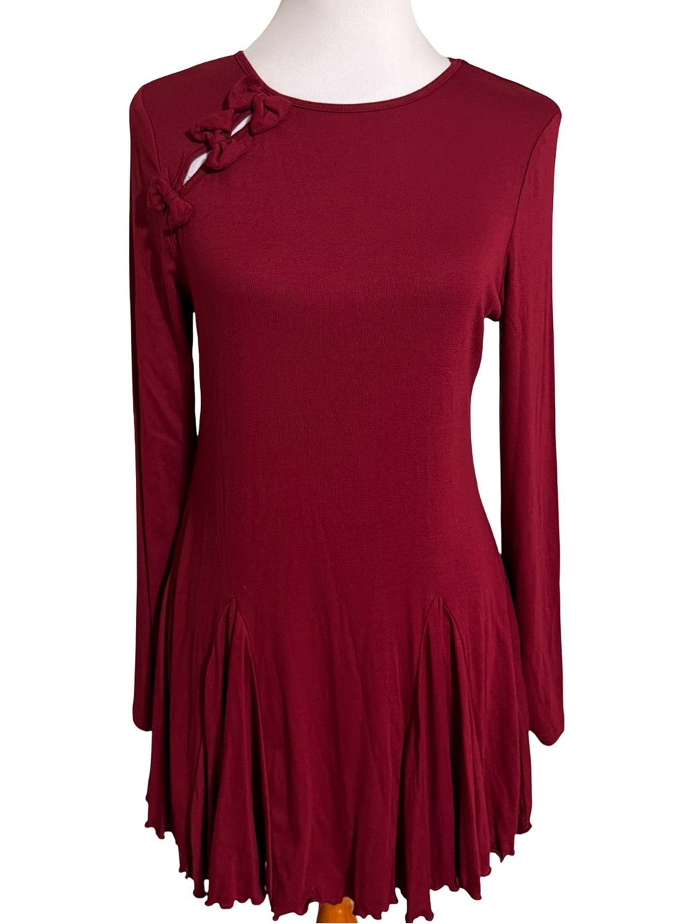 Cider Burgundy Long Sleeve Pleated Knot Dress